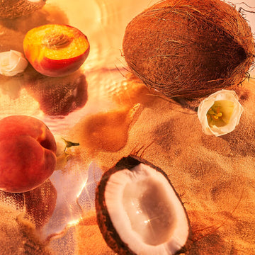 The Isola Sol Sample (Gift) by Roja Parfums is showcased with whole and halved coconuts, peaches, and white flowers on sunlit sand, bathed in warm golden light.